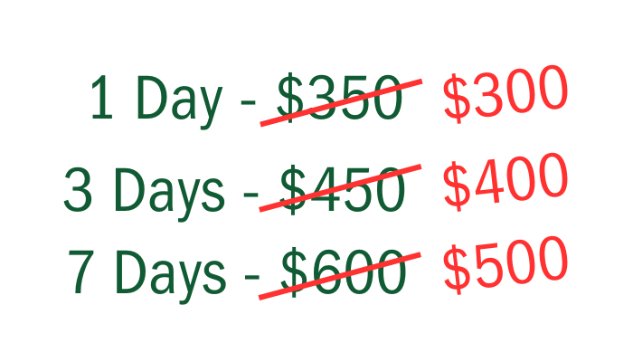 Pricing for different rental durations with crossed-out original prices and sale prices.