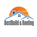 Logo for BestBuild & Roofing: house silhouette, blue roof, orange sun background, gray text.