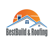 Logo for BestBuild & Roofing: house silhouette, blue roof, orange sun background, gray text.