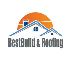 Logo for BestBuild & Roofing: house silhouette, blue roof, orange sun background, gray text.