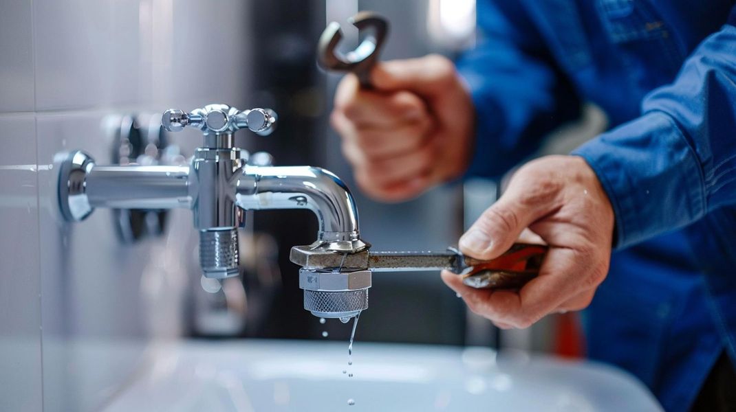 Plumber in blue overalls uses wrenches to fix a leaking faucet in a bathroom.
