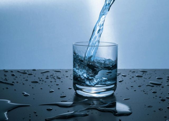 Water pouring into a glass on a wet, reflective surface.