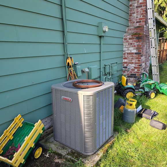 An air conditioner is sitting in front of a green house.