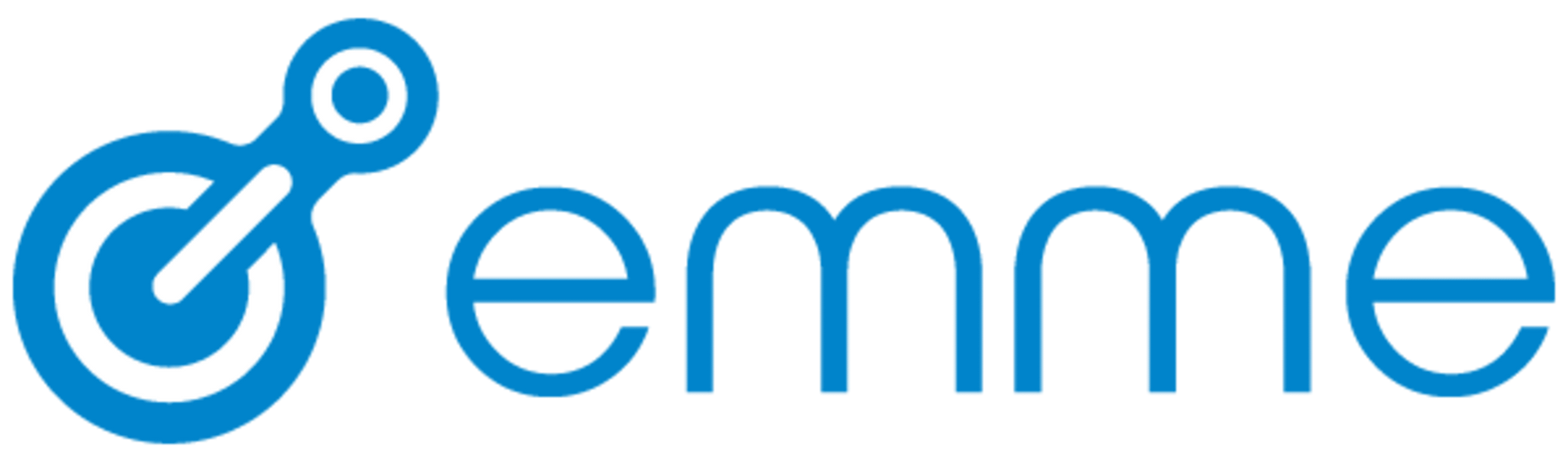 A blue and white logo for emme on a white background.