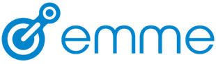 A blue and white logo for emme on a white background.