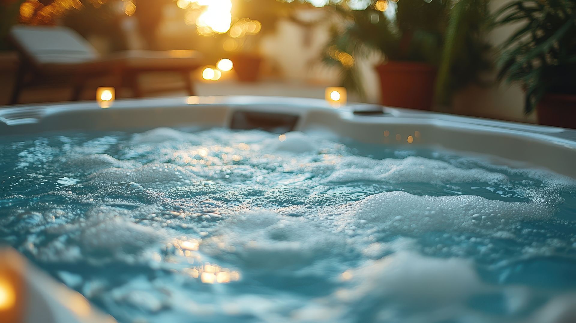 Bubbling water in a hot tub at sunset, with soft lighting and plants in the background.