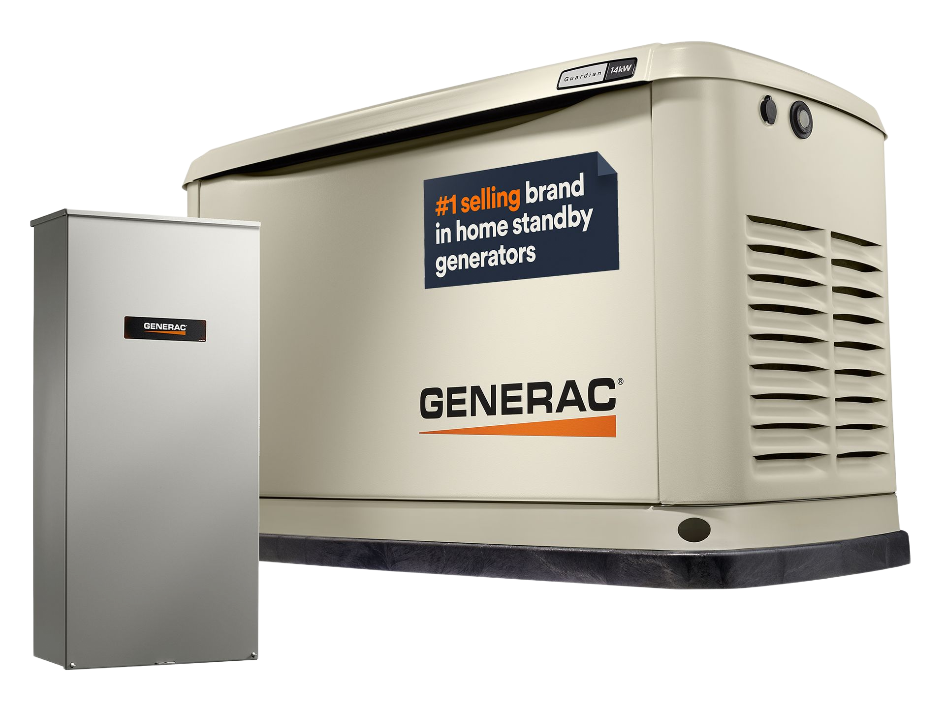 Un générateur de secours domestique Generac beige est placé à côté d'un boîtier de commutateur de transfert argenté.