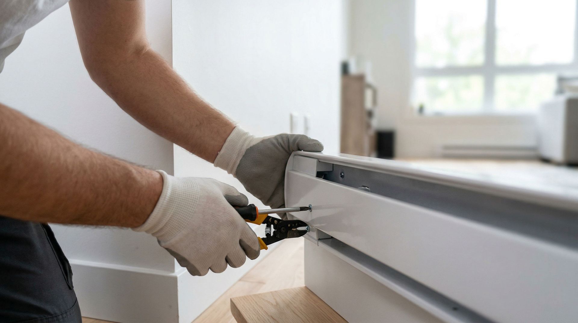 A person wearing work gloves uses pliers to adjust a white baseboard heater cover in a bright room.