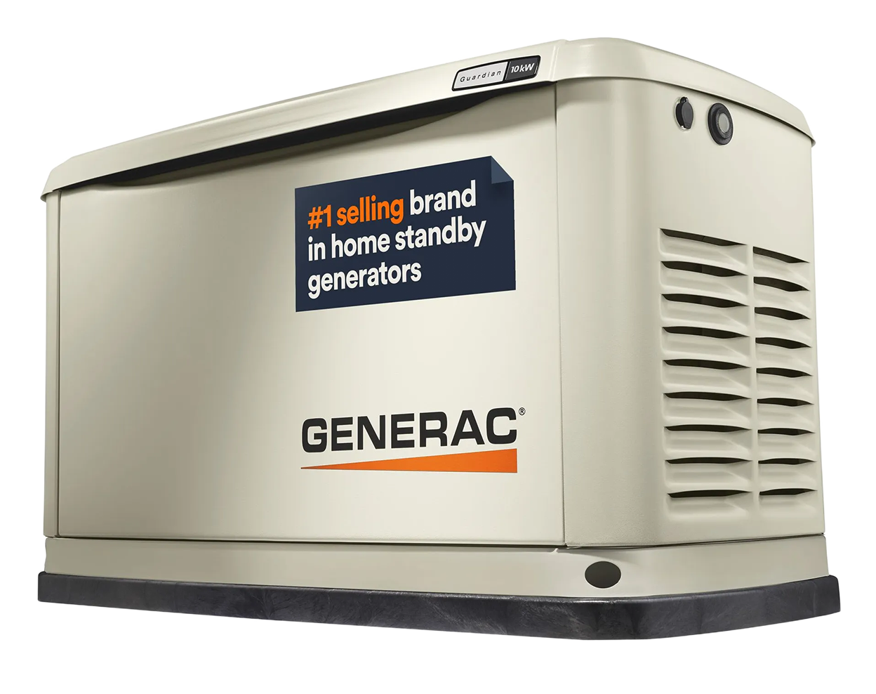 A beige Generac home standby generator with a label stating it is the #1 selling brand.