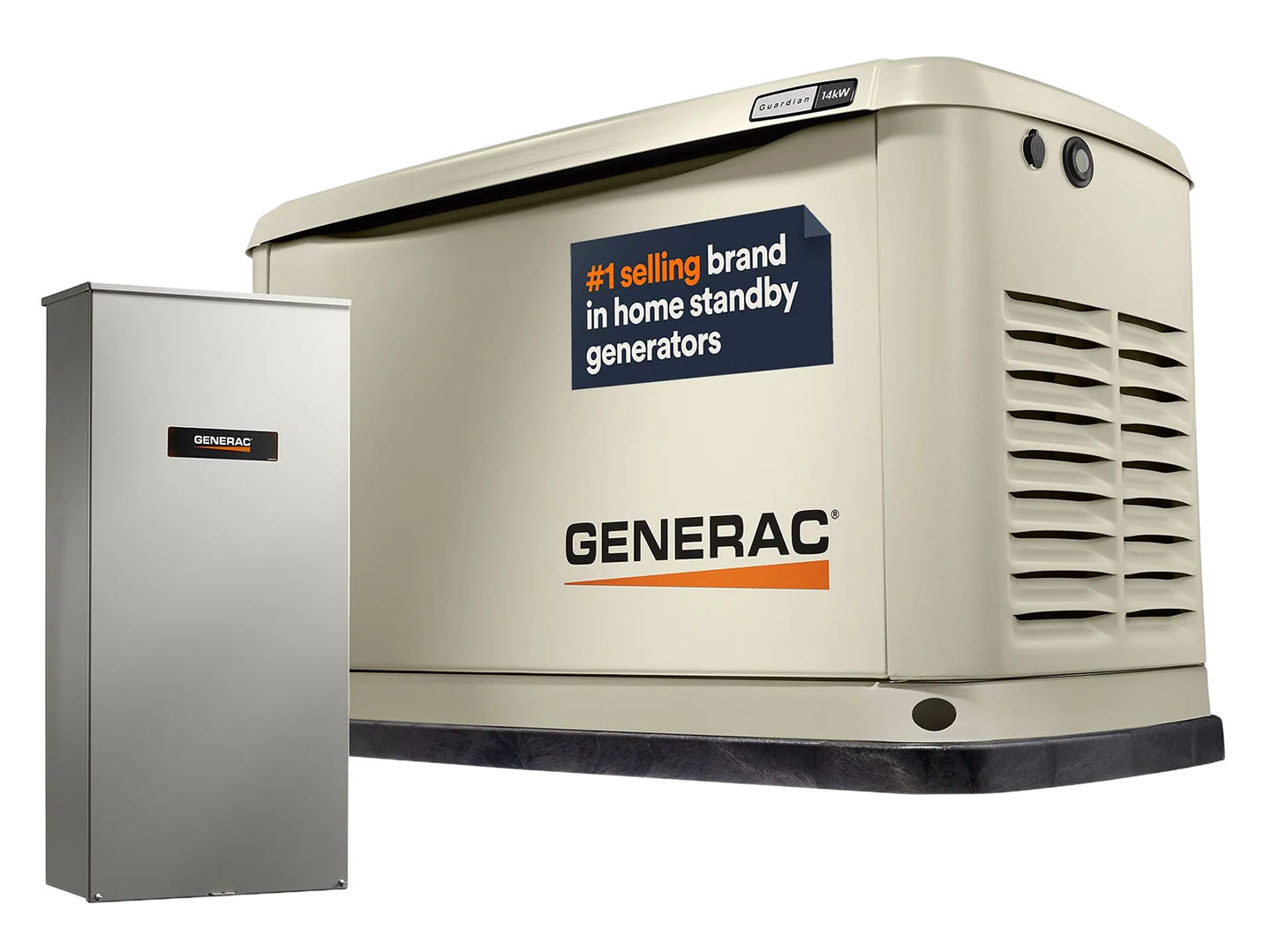 A beige Generac home standby generator and its accompanying grey transfer switch box.