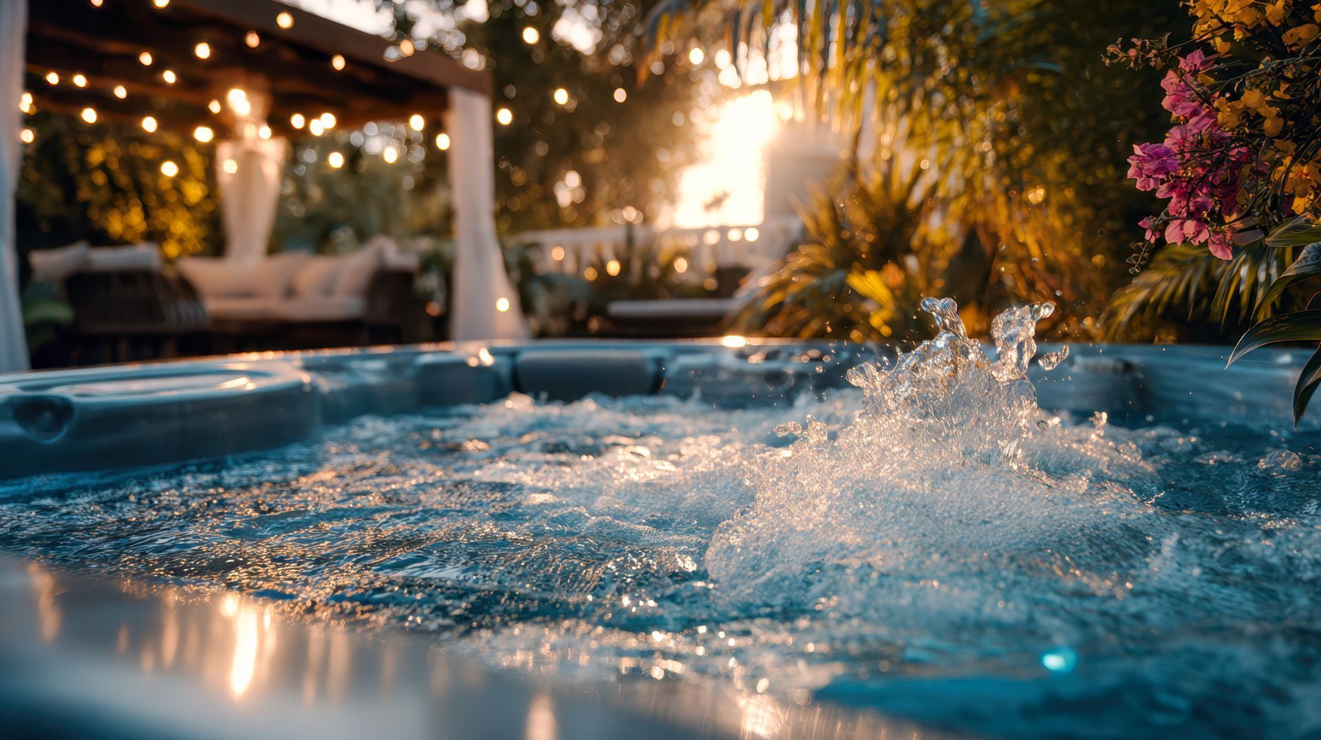 A bubbly hot tub at sunset, with string lights and lush plants in a cozy backyard setting.