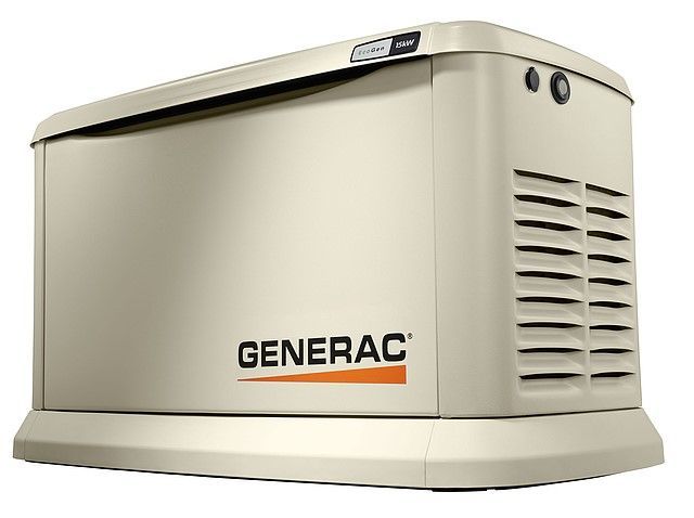 A tan, rectangular Generac home standby generator with louvered side vents, shown against a white background.