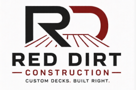 Red Dirt Construction logo with stylized black and red “RD” and tagline “Custom decks. Built right.”
