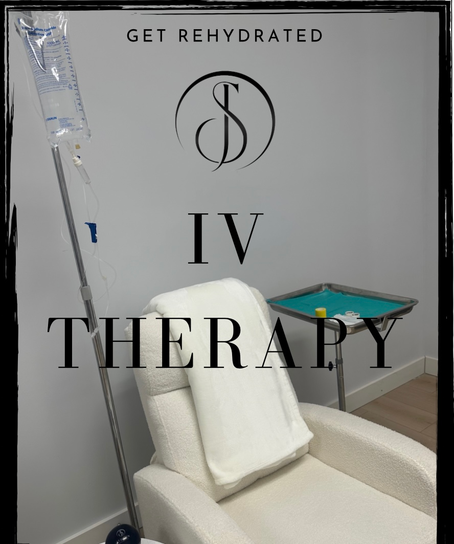 IV therapy chair with drip bag, logo, and text “IV THERAPY”.