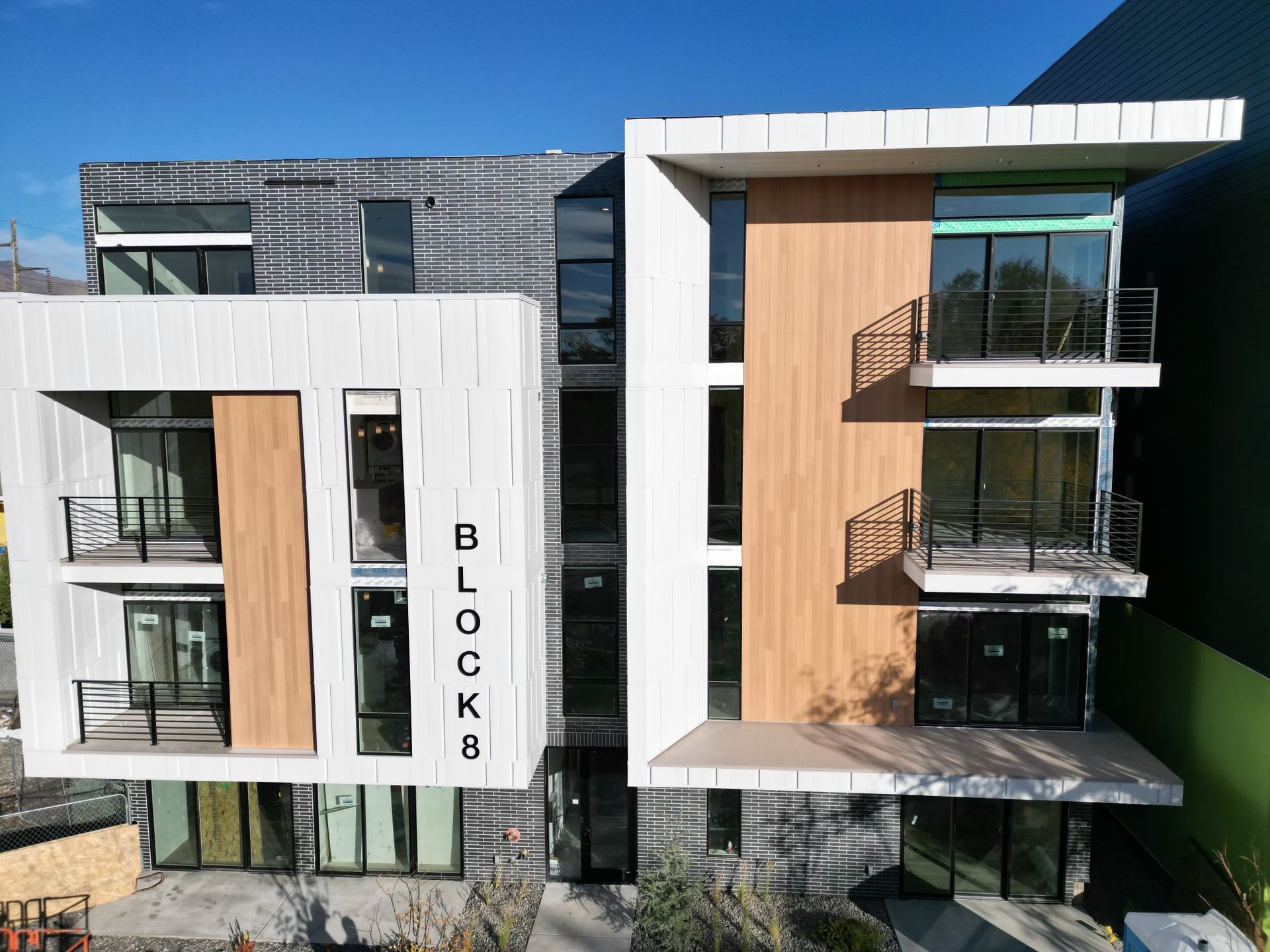 an aerial view of a building with the word blocks on it