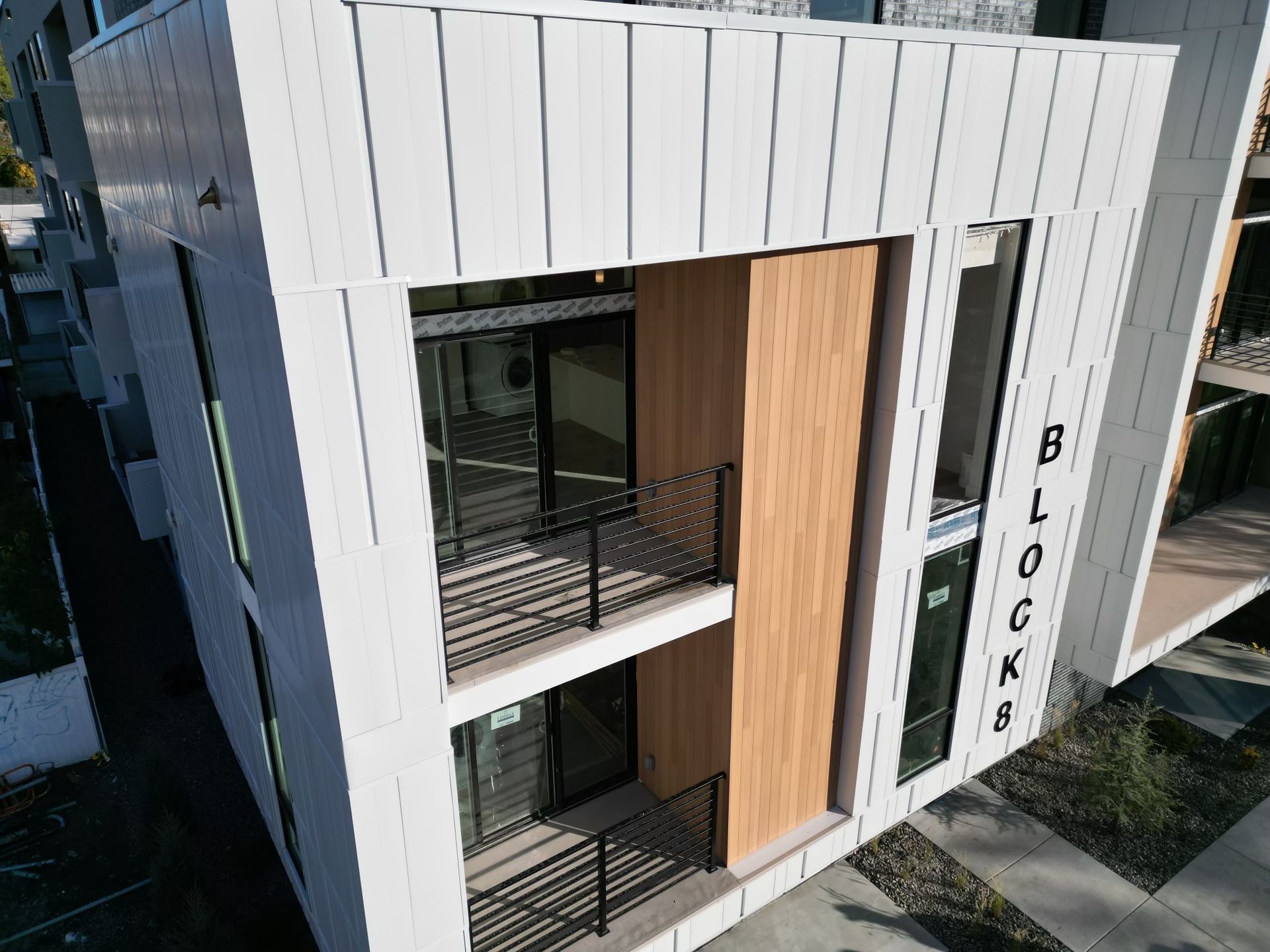 an aerial view of a building with the word blocks on it