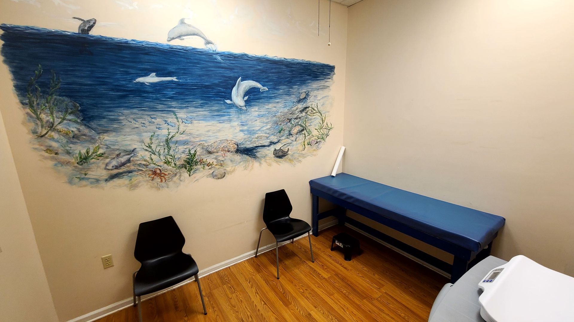 A doctor's office exam room with an ocean-themed mural, two chairs, and an examination table.