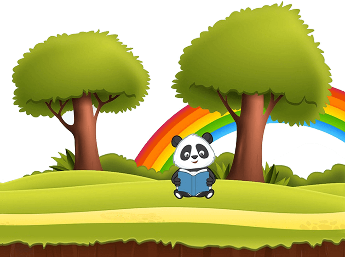 Panda reading a book in a green field with trees and a rainbow.