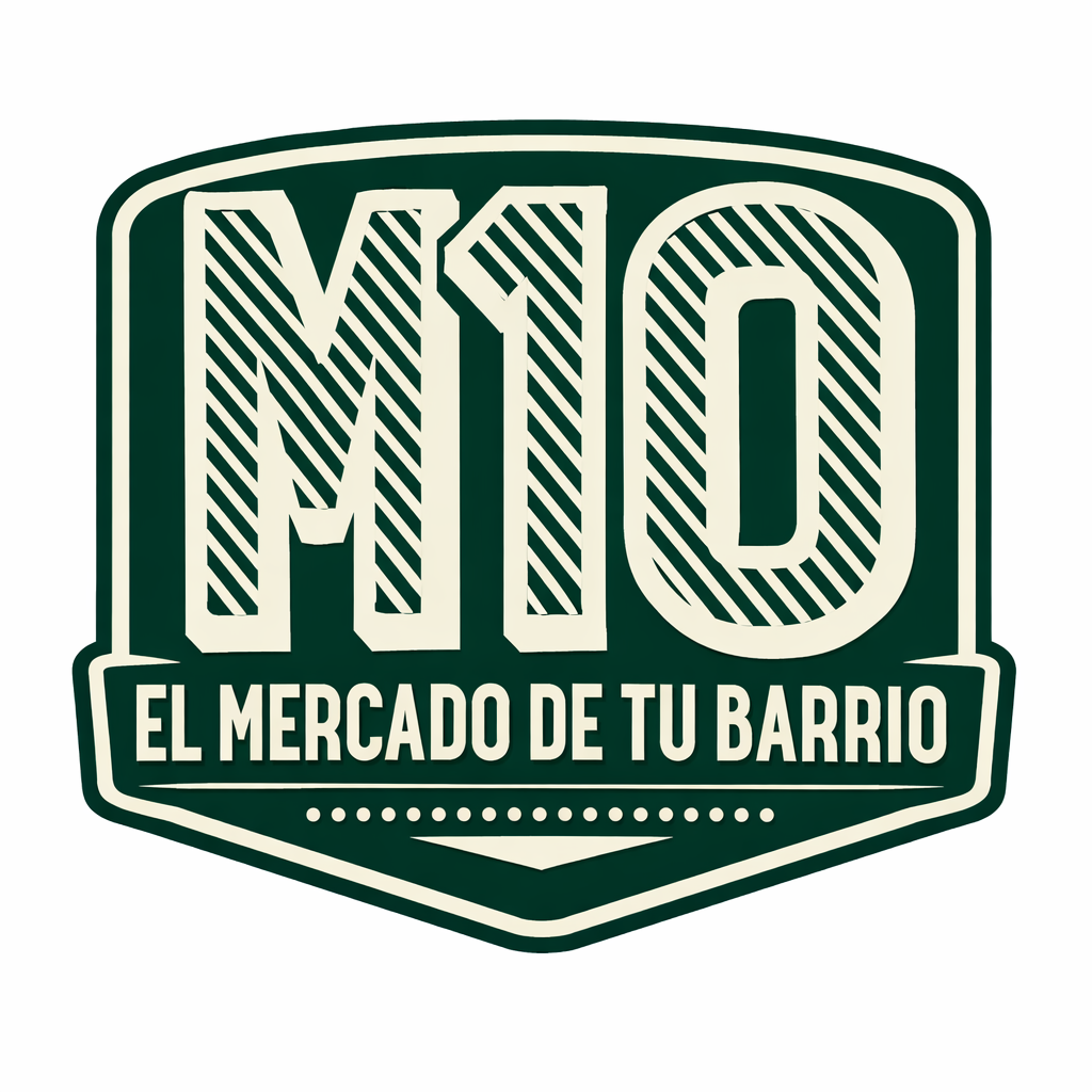 Logotipo de M10, El Mercado De Tu Barrio, con texto en verde oscuro y crema dentro de un escudo.