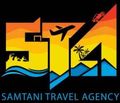 The logo for the samtani travel agency shows a plane flying over a beach.