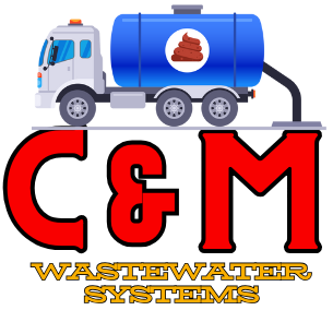 A logo for c & m wastewater systems with a blue truck