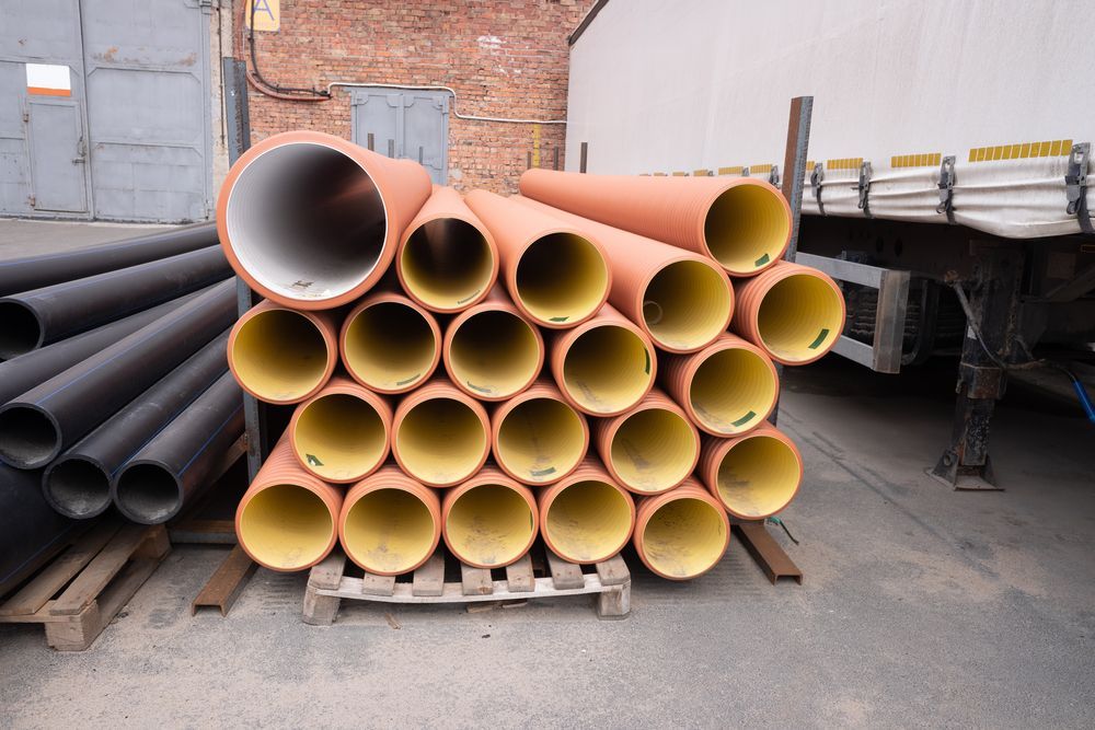 A bunch of pipes are stacked on top of each other on a wooden pallet.