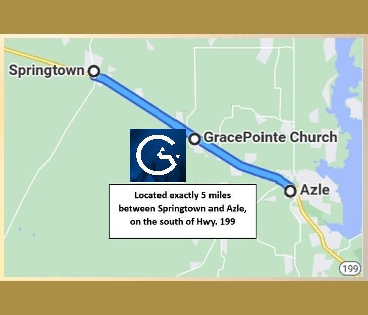 Map showing GracePointe Church located 5 miles from Springtown and Azle, south of Hwy. 199.