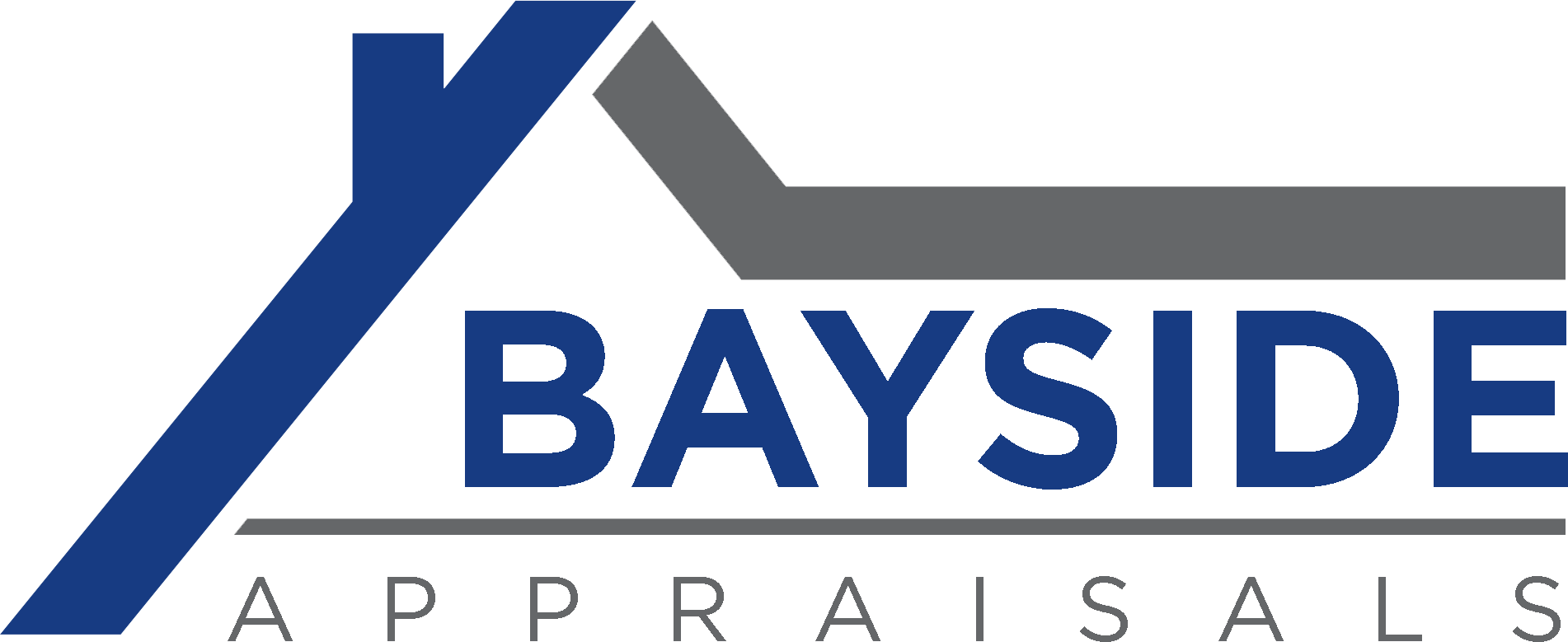 The logo for bayside appraisals is a blue and gray logo with a roof.