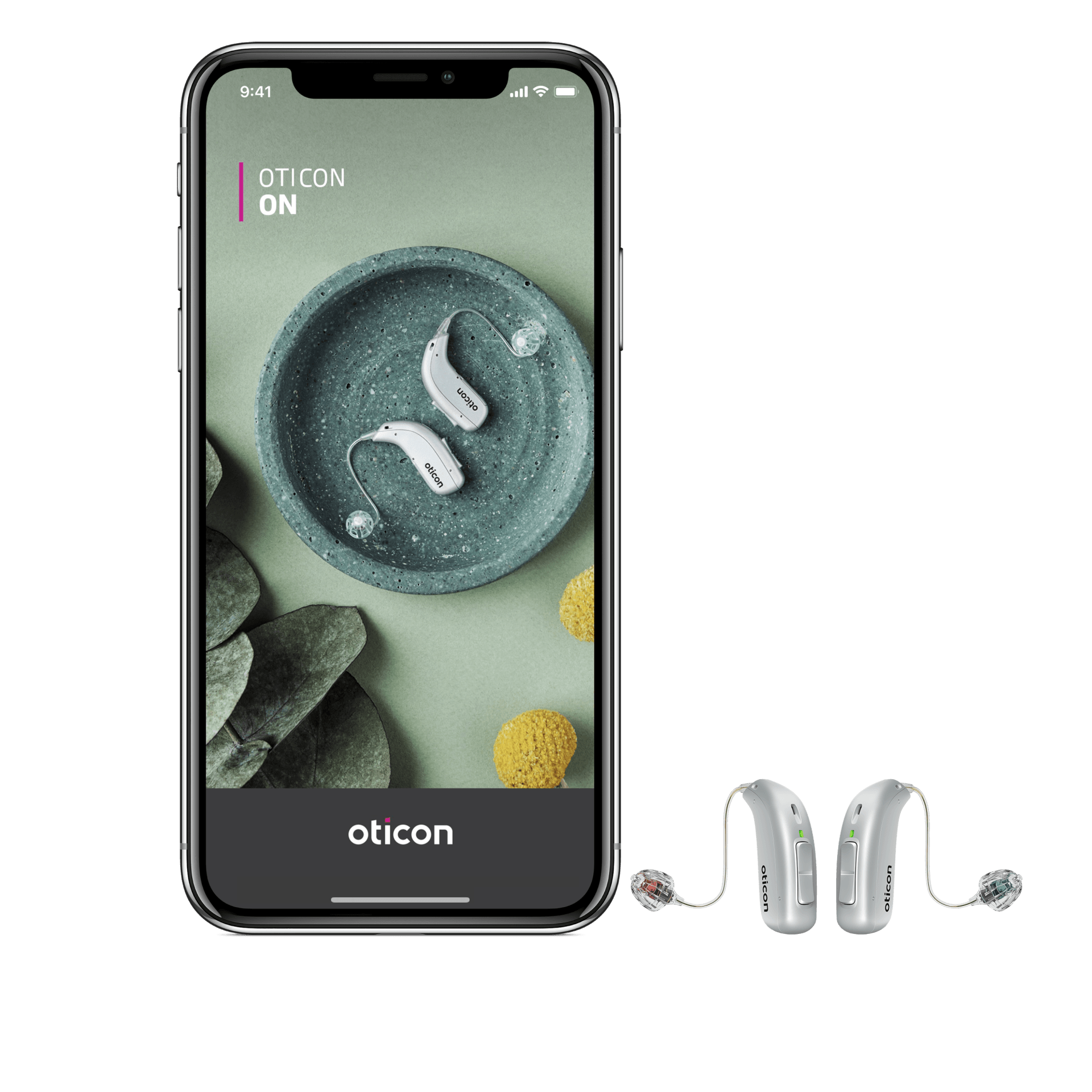 Smartphone with Oticon app and pair of hearing aids, on a gray background.