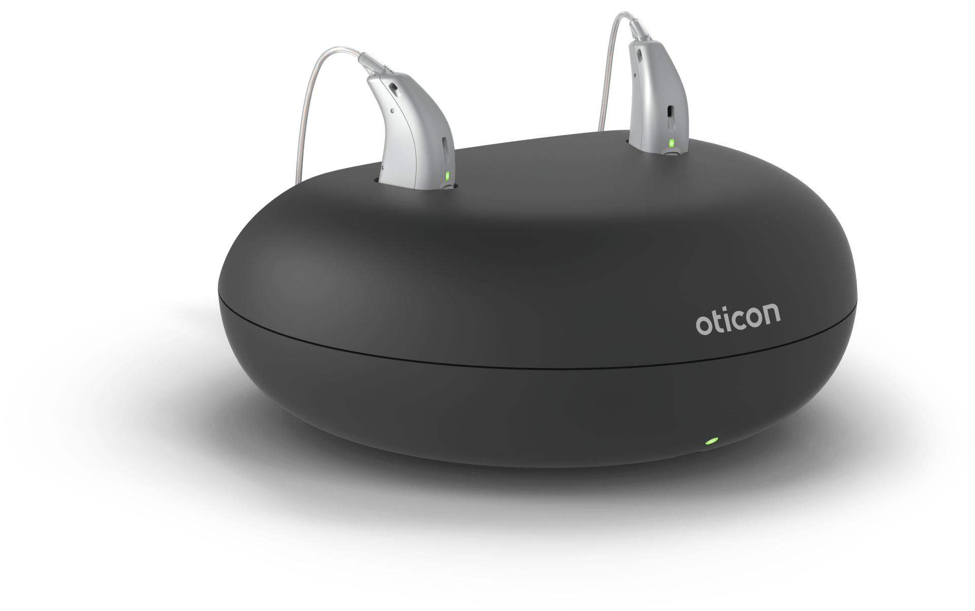 Black Oticon hearing aid charging station with two hearing aids.