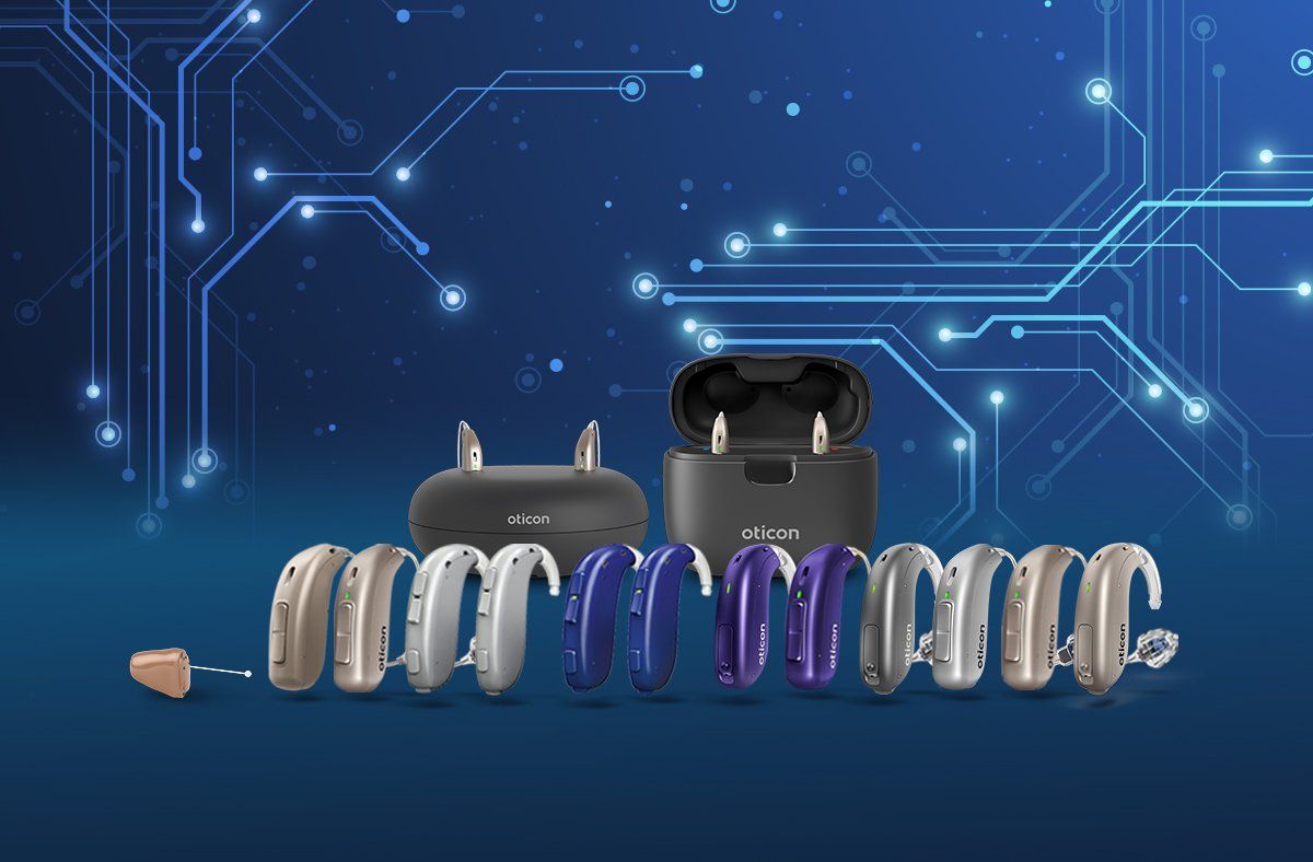 Hearing aids and charging cases displayed against a blue background with circuit board pattern.
