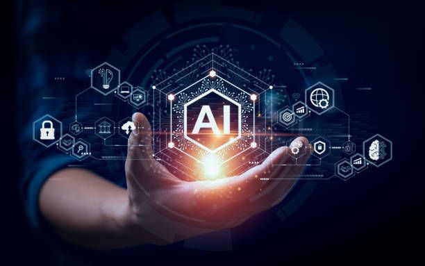 A person is holding a virtual screen with the word ai on it.