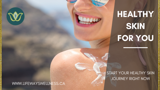 Woman applying sunscreen, smiling outdoors. Text: Healthy skin for you. Website: lifewayswellness.ca