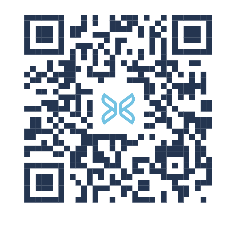 A qr code with a blue butterfly on it on a white background.
