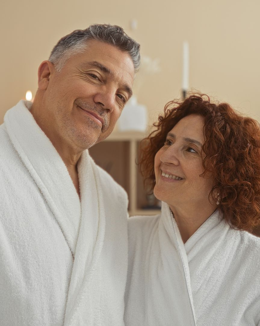 Couple in white robes smiling at each other, at a wellness clinic.