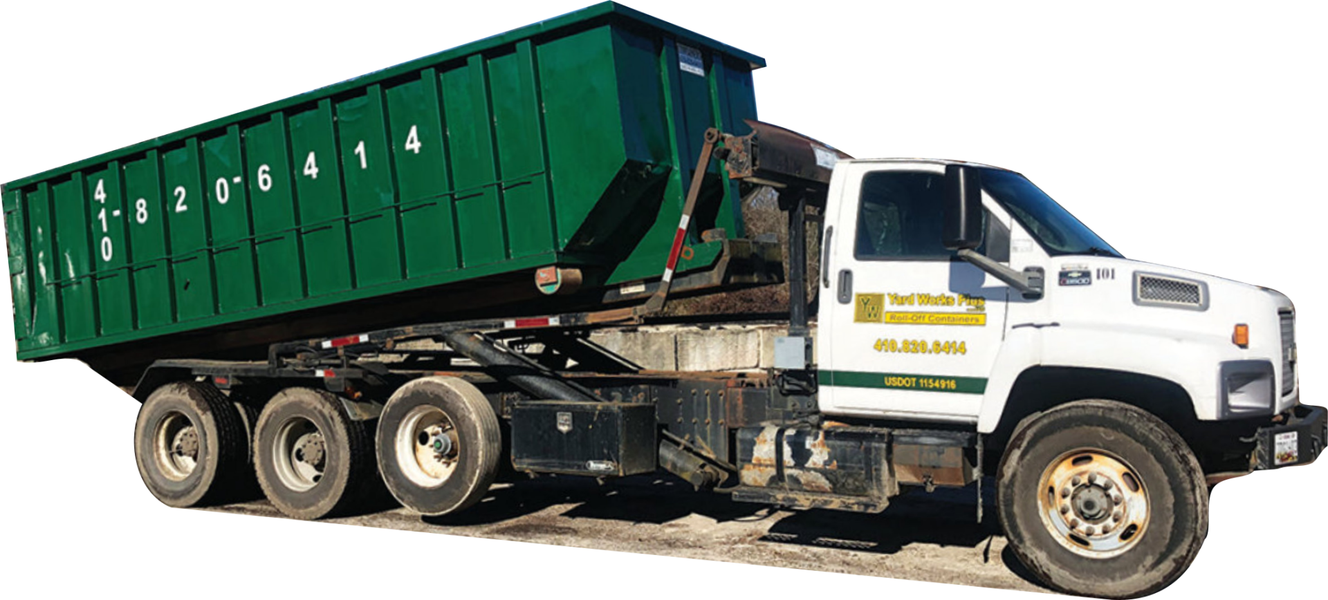 Yard Works Plus Roll Off Dumpster truck with a large container for waste removal.