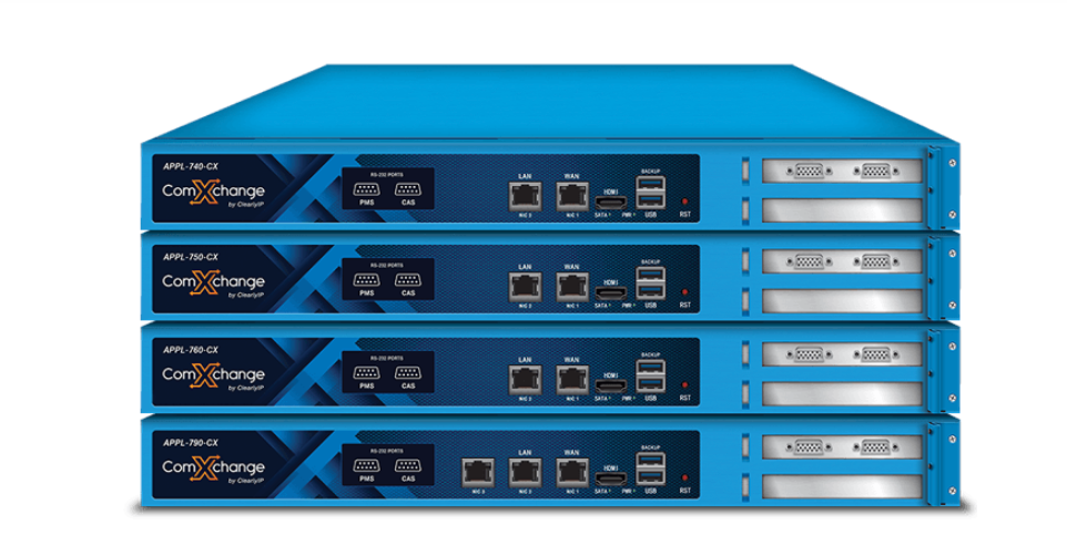 Four blue servers are stacked on top of each other