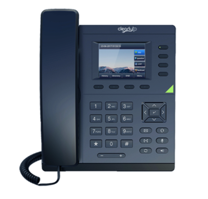 A black telephone with a screen that says ' degato ' on it