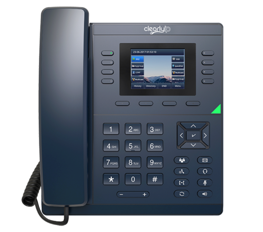 A black telephone with a screen on it is on a white background.