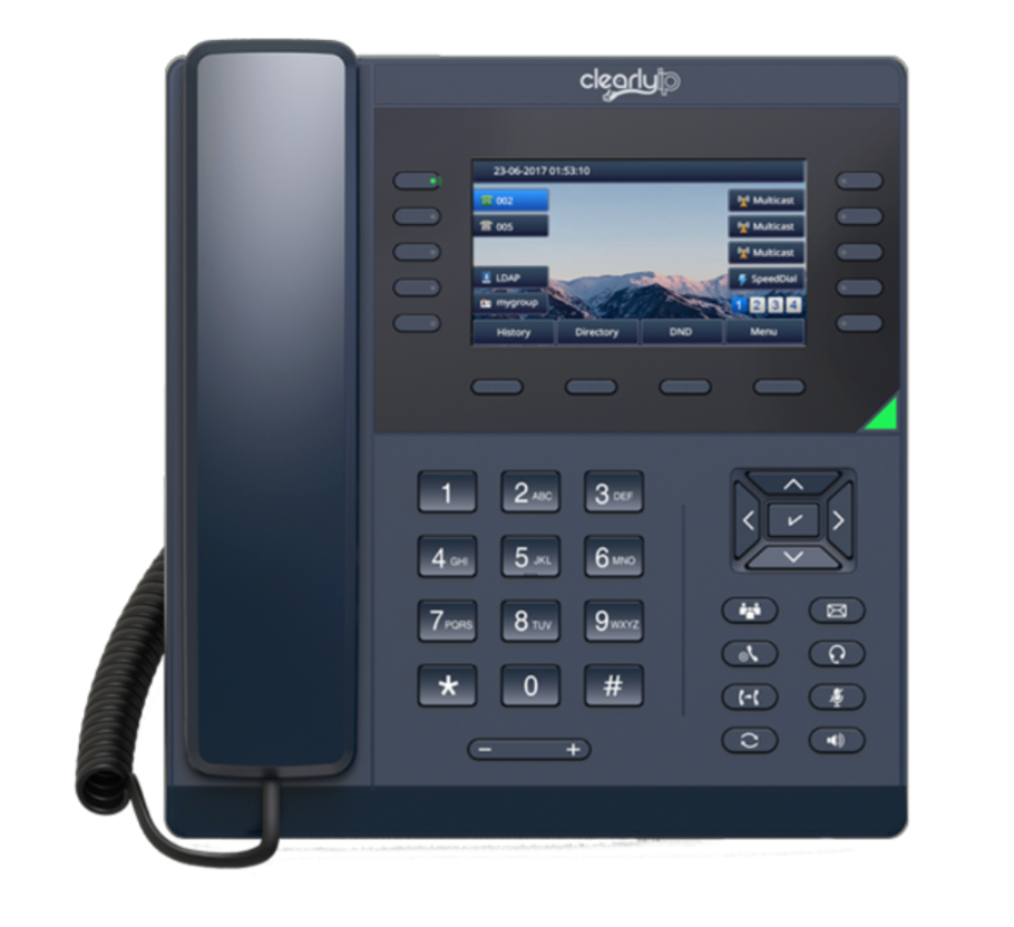 A black telephone with a picture of mountains on the screen.