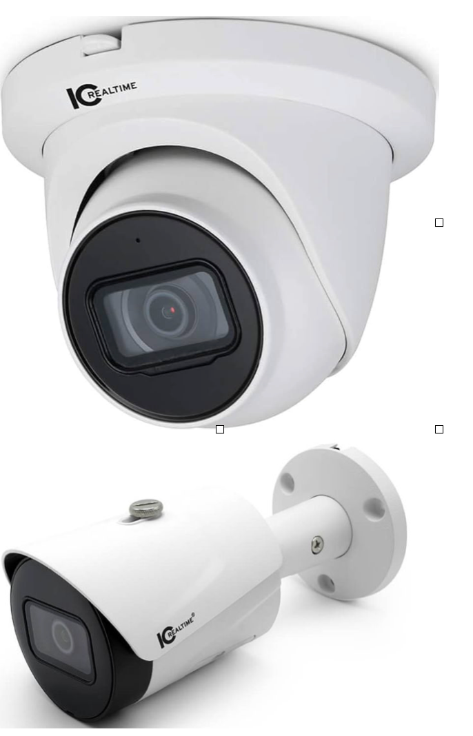 Two security cameras are sitting next to each other on a white background.
