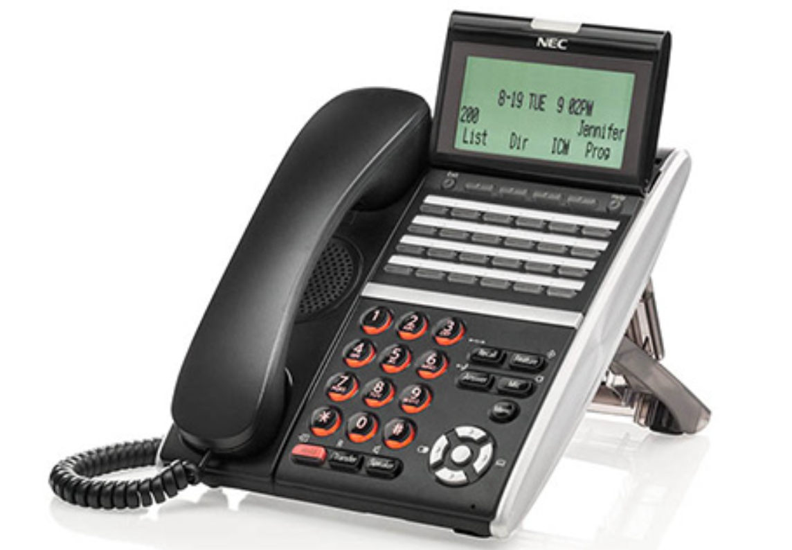 A black telephone with a screen that says nec on it