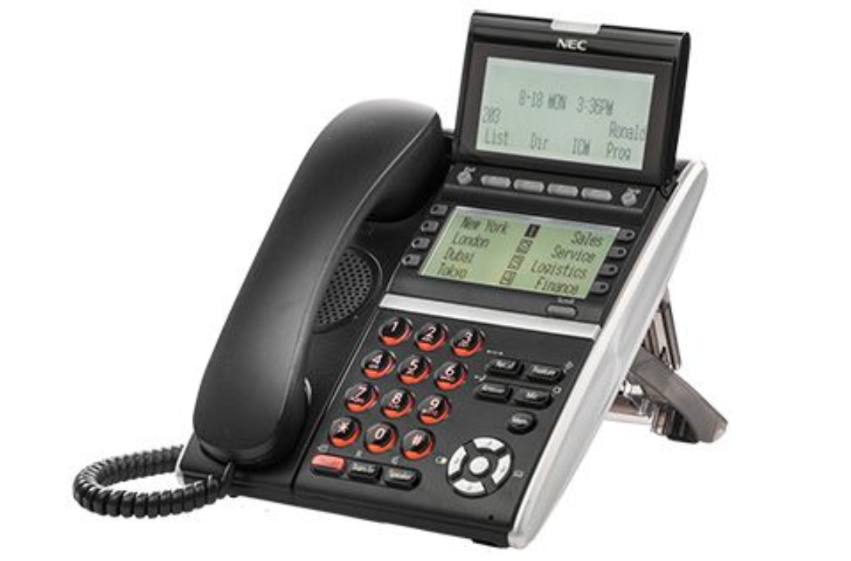 A black telephone with a screen that says ' nec ' on it