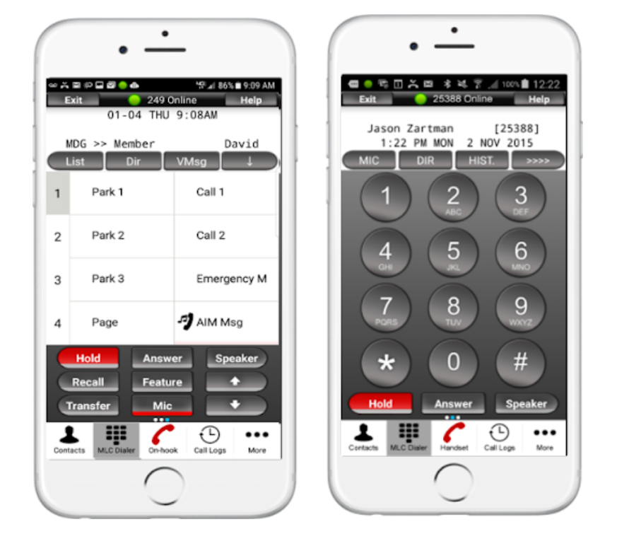Two cell phones with a telephone app on them