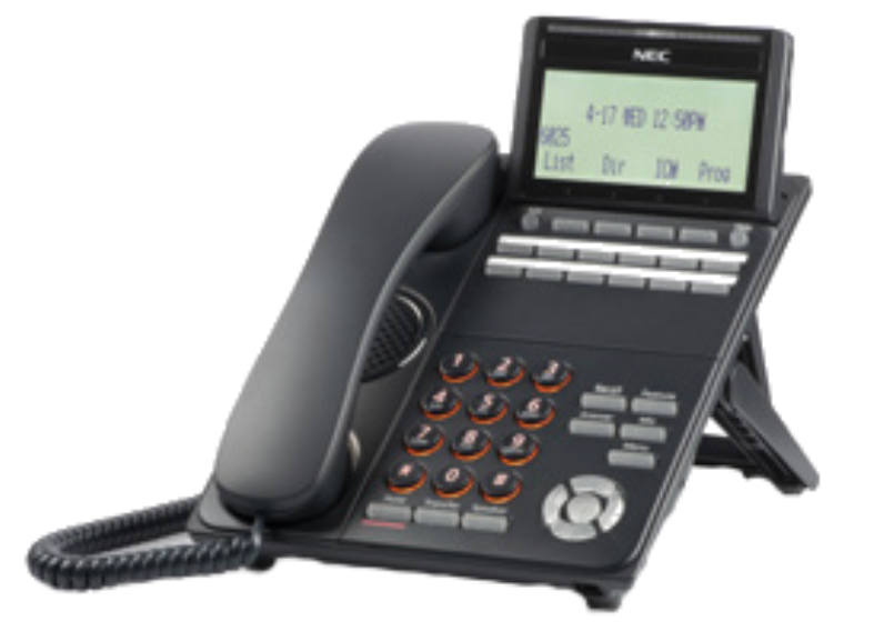 A black phone with a screen that says nec on it