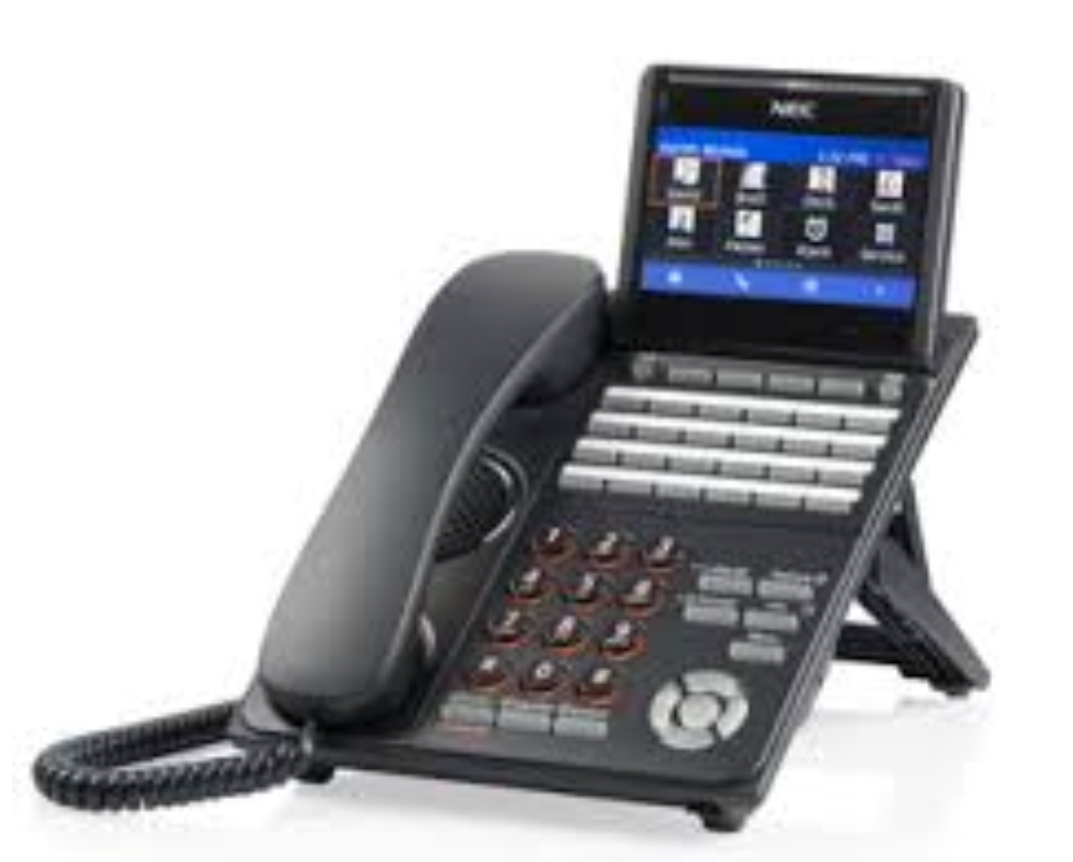 A black telephone with a screen on top of it.
