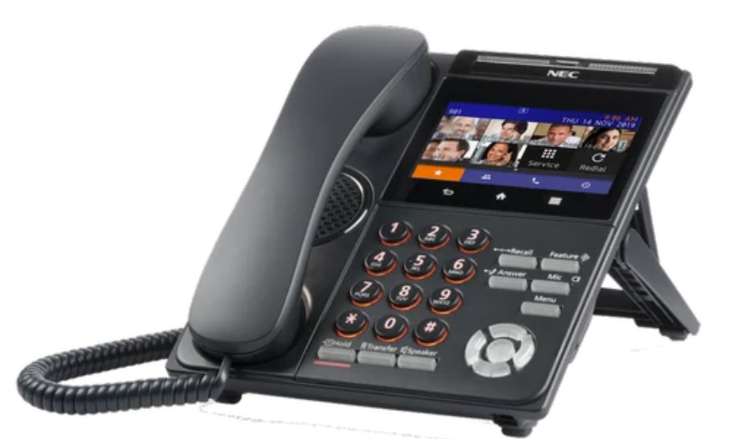 A black telephone with a screen on it