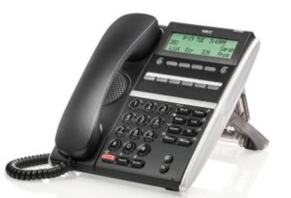 A black and silver telephone with a display that says phone number
