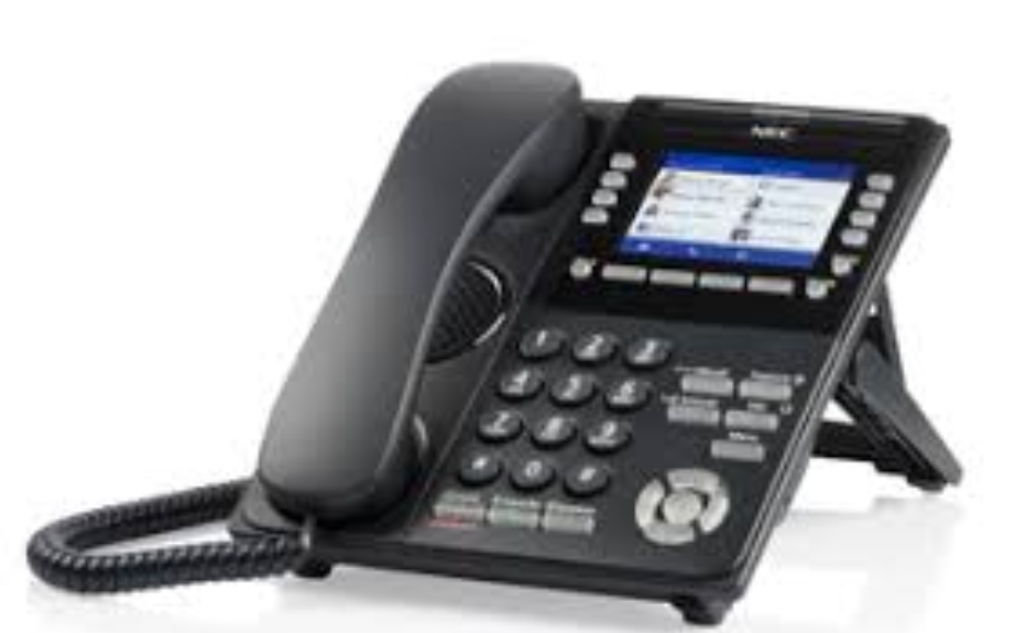 A black telephone is sitting on a white surface.