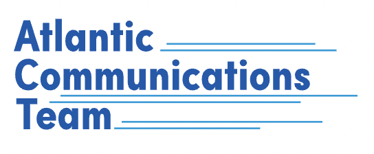 The logo for atlantic communications team is blue and white